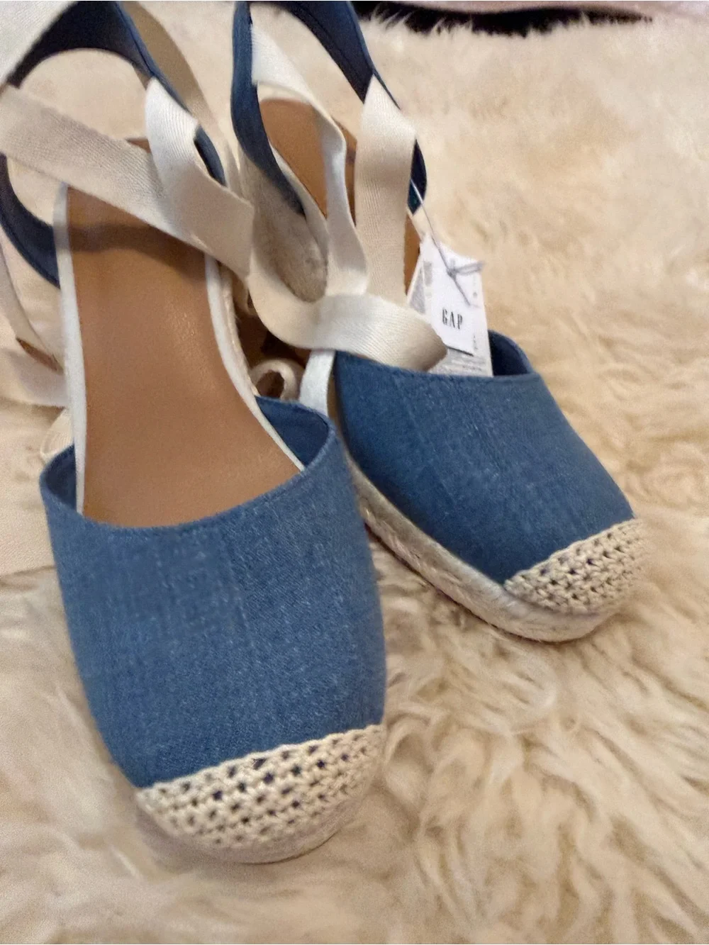 GAP Denim Blue Espadrille Wedge Sandals with Cream Ankle Wrap